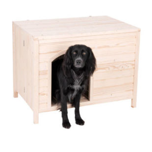 Menší dřevěná bouda pro psa s možností využití pro kočku